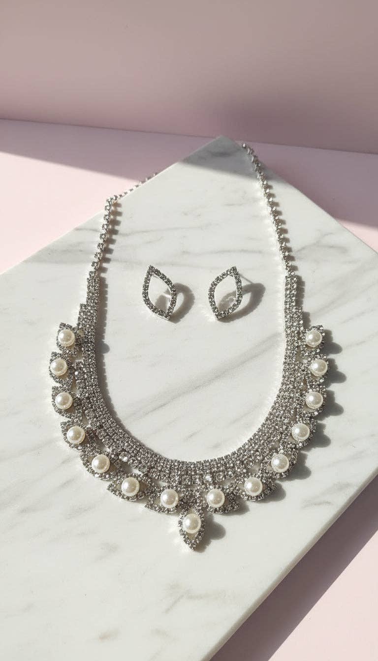 Pearl Statement Crystal Necklace & Earrings Set