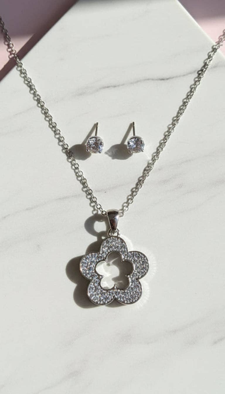 Crystal Flower Pendant Necklace & Earring Set