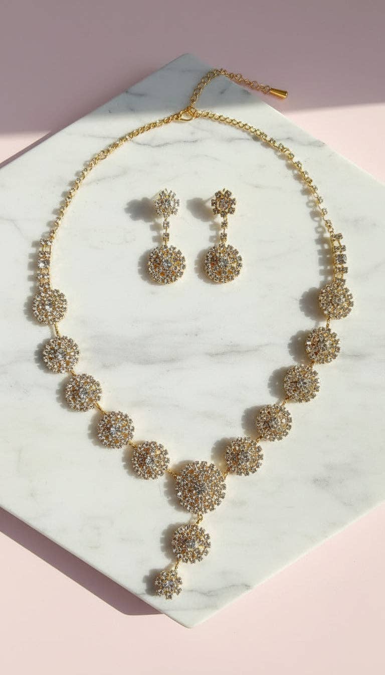 Round Crystal Cluster Drop Statement Necklace & Earrings Set
