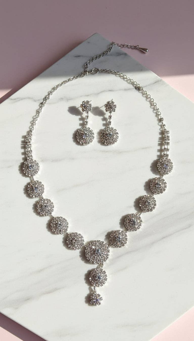 Round Crystal Cluster Drop Statement Necklace & Earrings Set